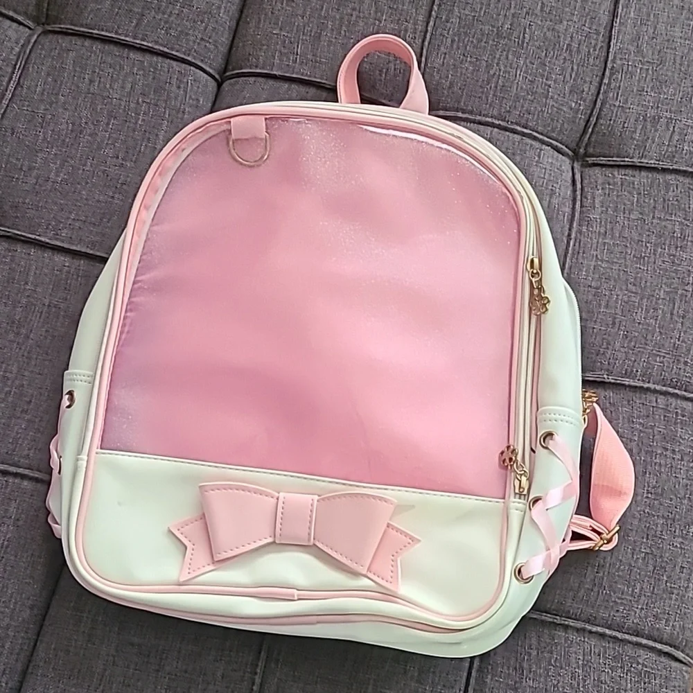 Donalworld white Pink bow backpack faux leather‎ NWT